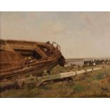 HAMBUCHEN, WILHELM (1869-1939), ges. r.o., schip op scheepshelling, board 40 x 50 cm.HAMBUCHEN,