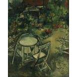 KROMJONG, PAUL (1903-1979), ges. r.o., stoelen en tafel in achtertuin, doek 61 x 49 cm. -