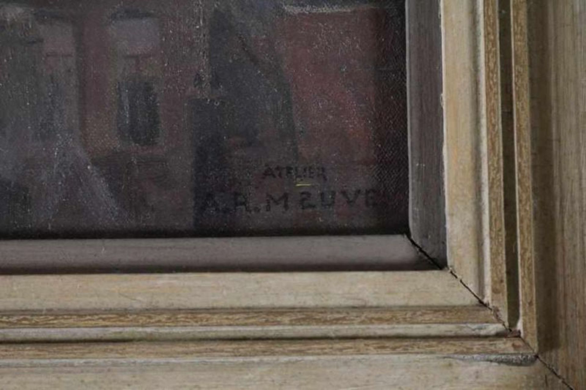 Onbekend, gesigneerd: atelier A.R. Mauve, Uitzicht op stadsdaken en kerktoren, doek 36 x 50 cm. ( - Bild 3 aus 4