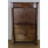 Mahonie Empire secretaire met lade en schrijfklep waarachter interieur en waaronder 3 laden,