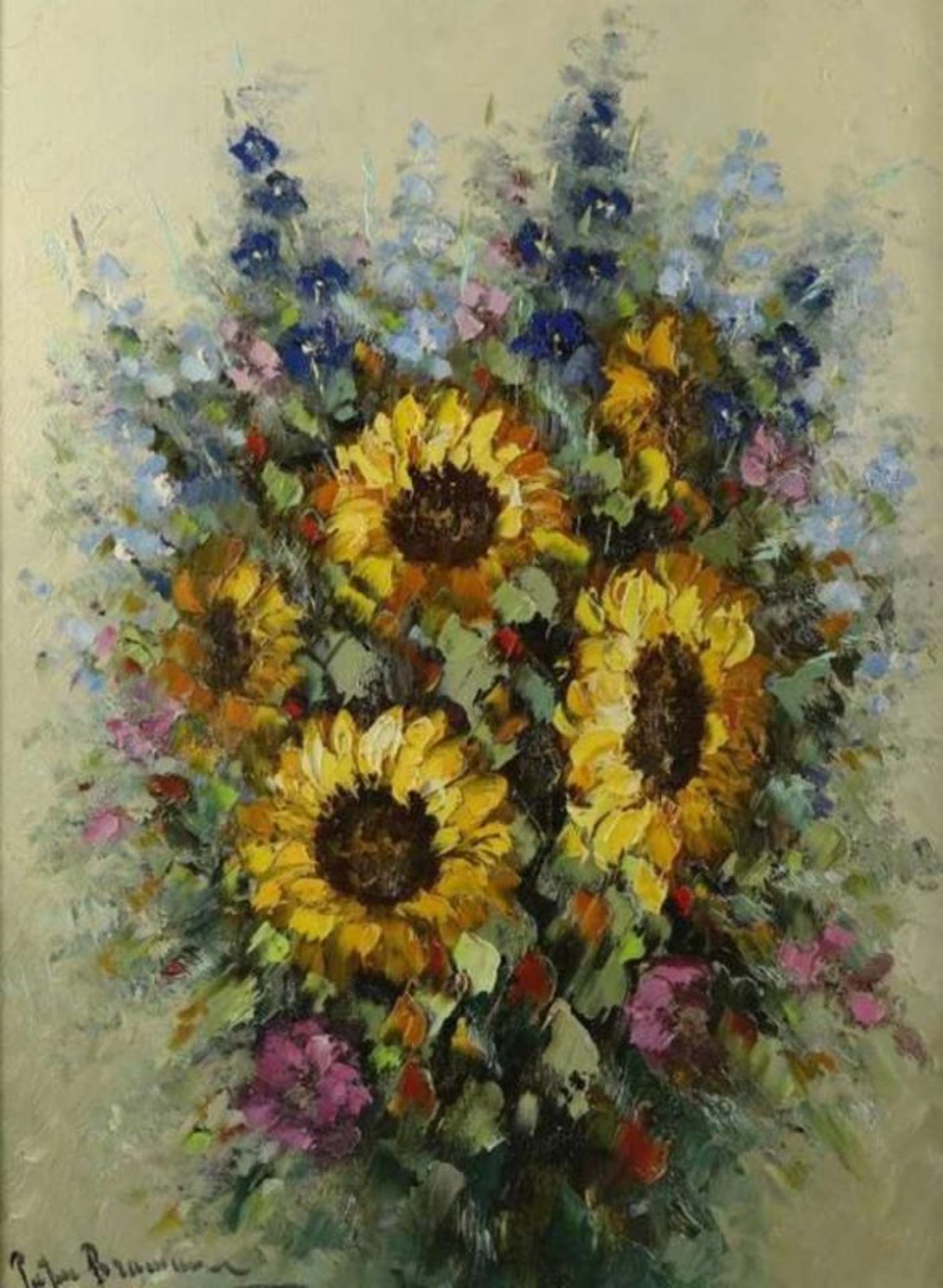 BROUWER, PETER, ges. l.o., stilleven met zonnebloemen, doek 80 x 60 cm.