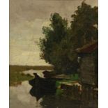 HORSSEN, WILLEM BASTIAAN VAN (1863-1931), ges. r.o., bootje en boerderij aan sloot, marouflé 33 x 27