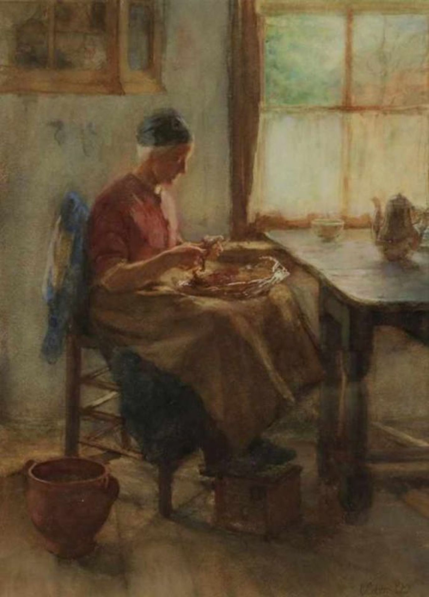 OLDEWELT, FERDINAND GUSTAAF (1857-1935), ges. r.o., boerin schilt de piepers, aquarel 42 x 30 cm.