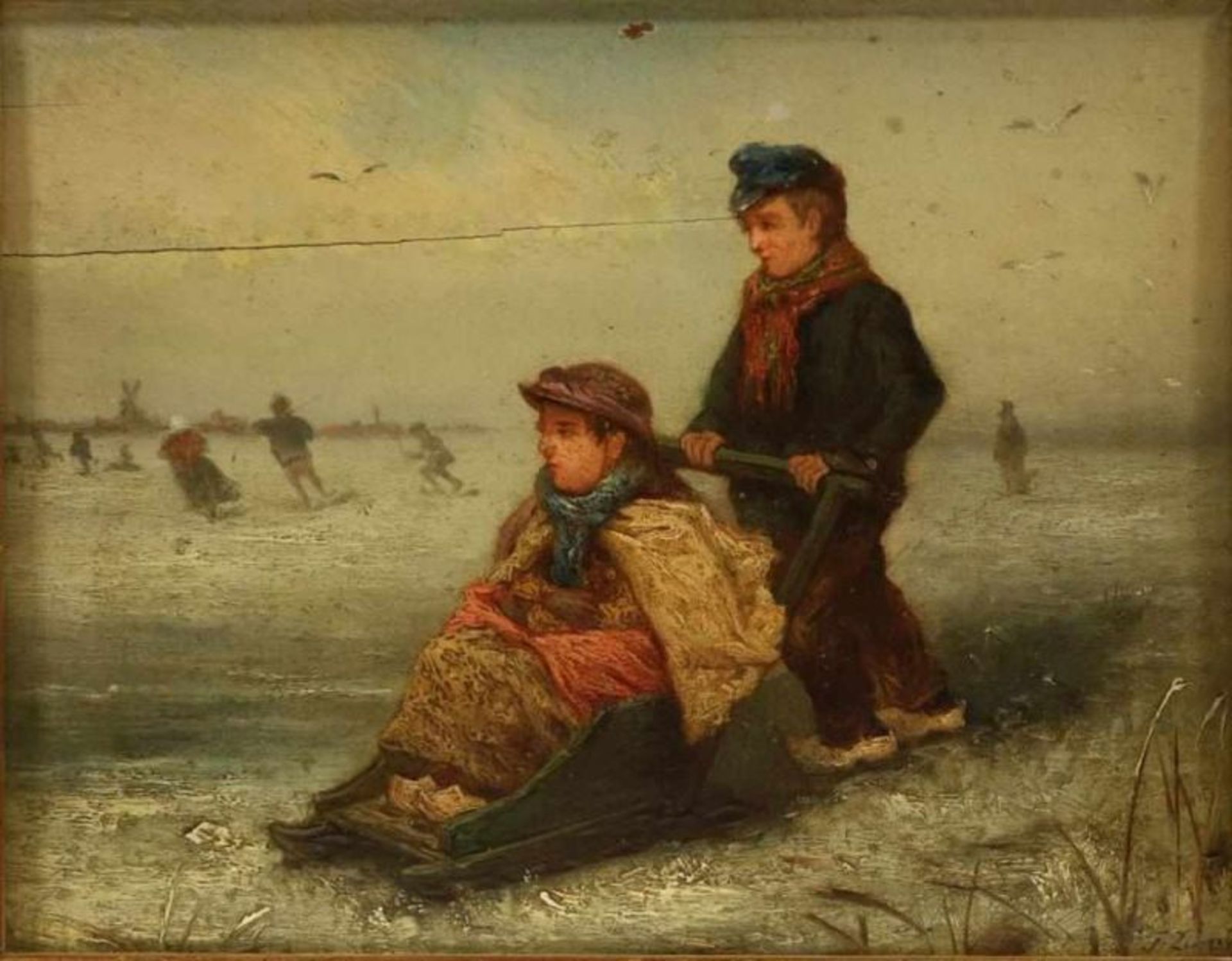 Onbekend, onduid. ges. 19e eeuw, jongens met slee op het ijs, paneel 14,5 x 18,5 cm. Unknown,