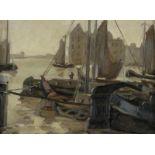 HOOGSTRA, JELLE, ges. r.o., zeilboten in haven, marouflé 30 x 40 cm. Hoogstra, Jelle, signed,