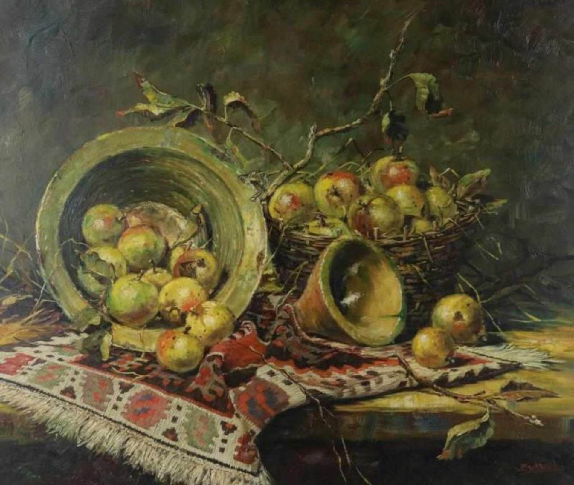 HECK, ED VAN, ges. r.o. appels in mand en schaal op Kelim tapijt, paneel 76 x 91 cm. Heck, Ed van,