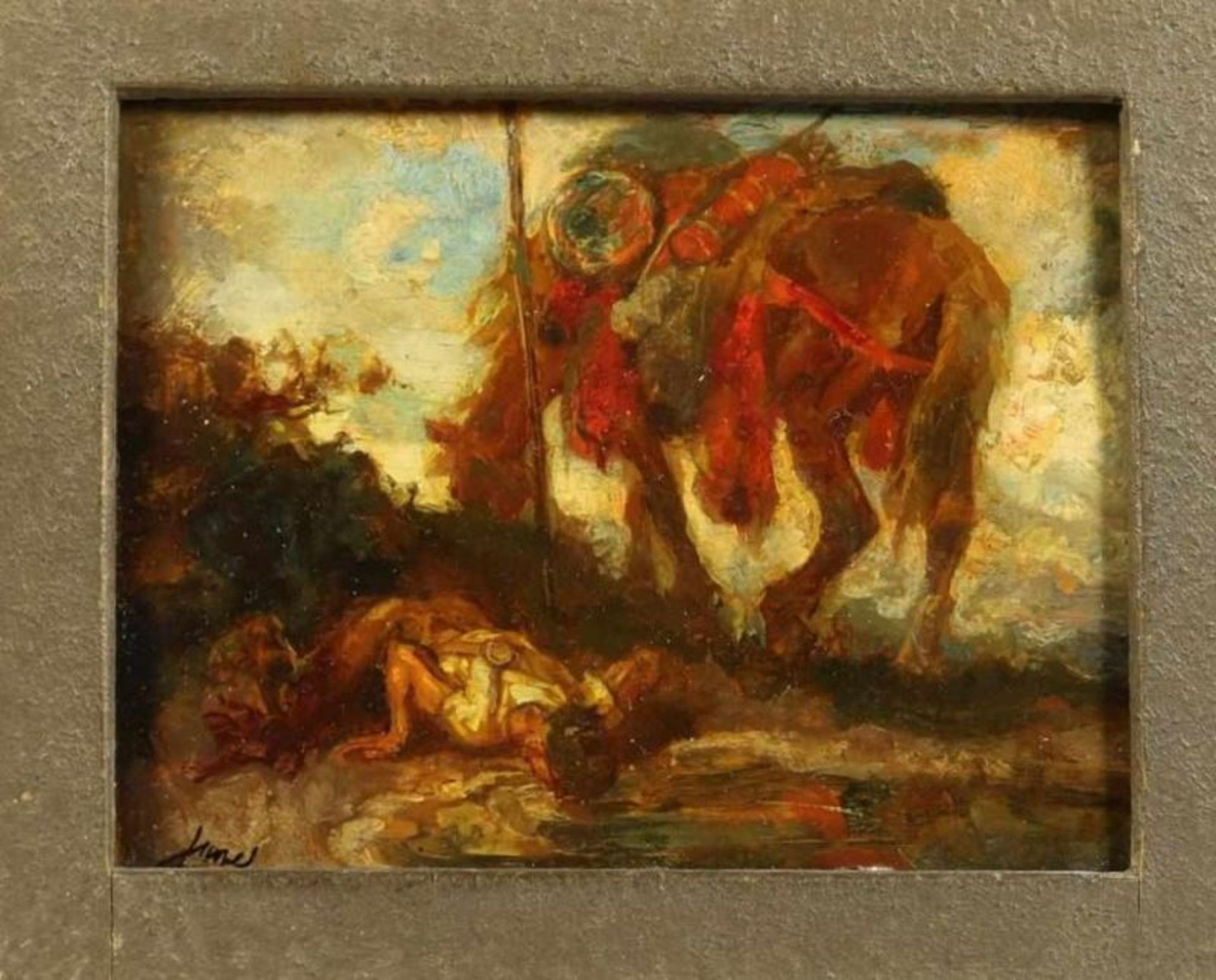 JURRES, JOHANNES HENDRICUS (1875-1946), ges. l.o., reiziger en paard bij waterpoel, paneel 10,5 x 14