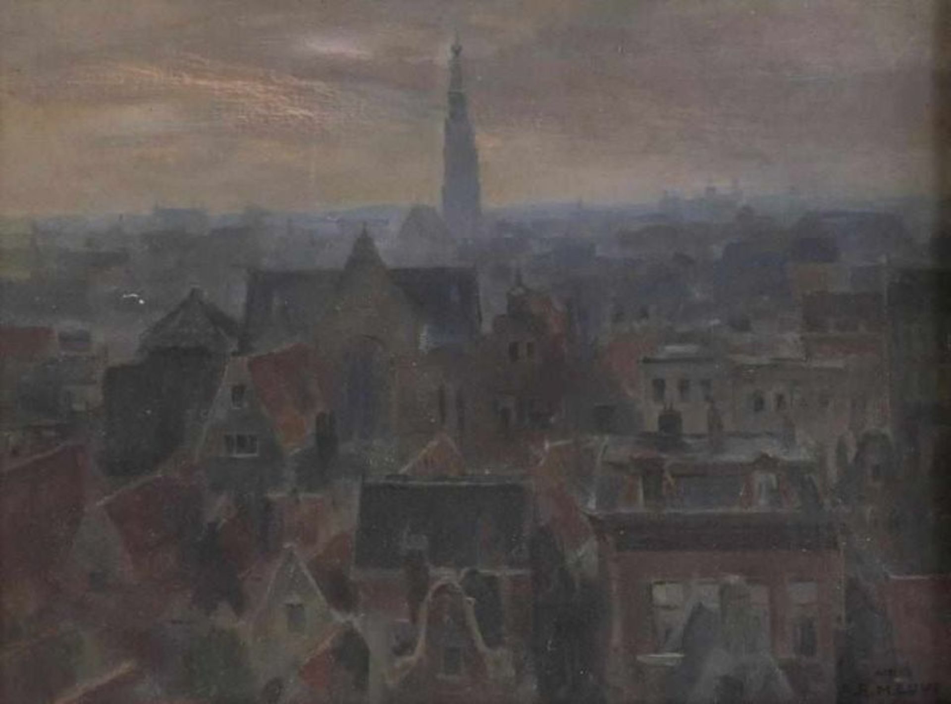 Onbekend, gesigneerd: atelier A.R. Mauve, Uitzicht op stadsdaken en kerktoren, doek 36 x 50 cm. (