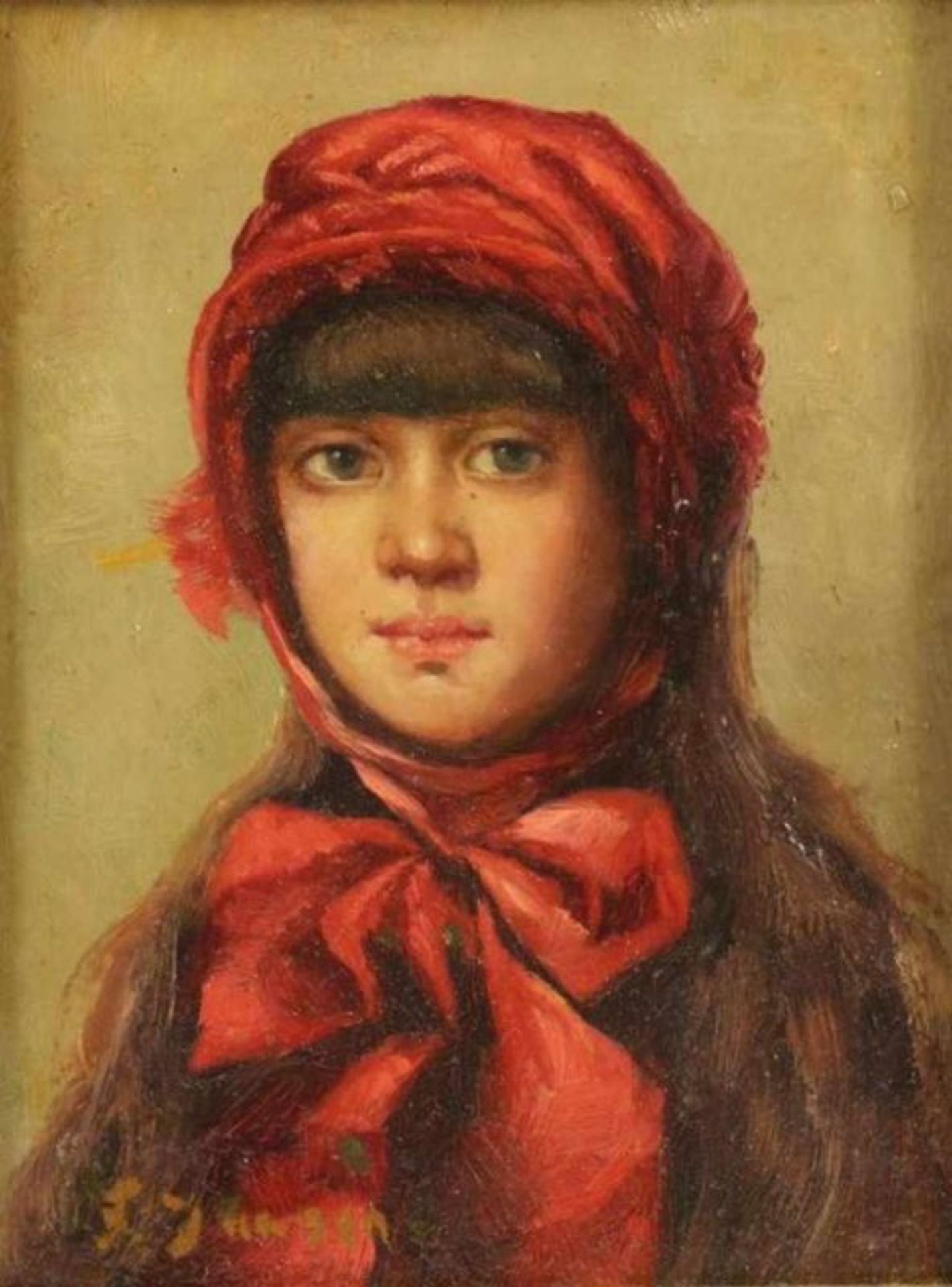 Onbekend, onduid. ges. l.o., portret van meisje, schildering op koper 10 x 8 cm.