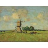 VEENENBOS, PIETER (1881-1965), ges. r.o., boer en koeien bij molen aan vaart, doek