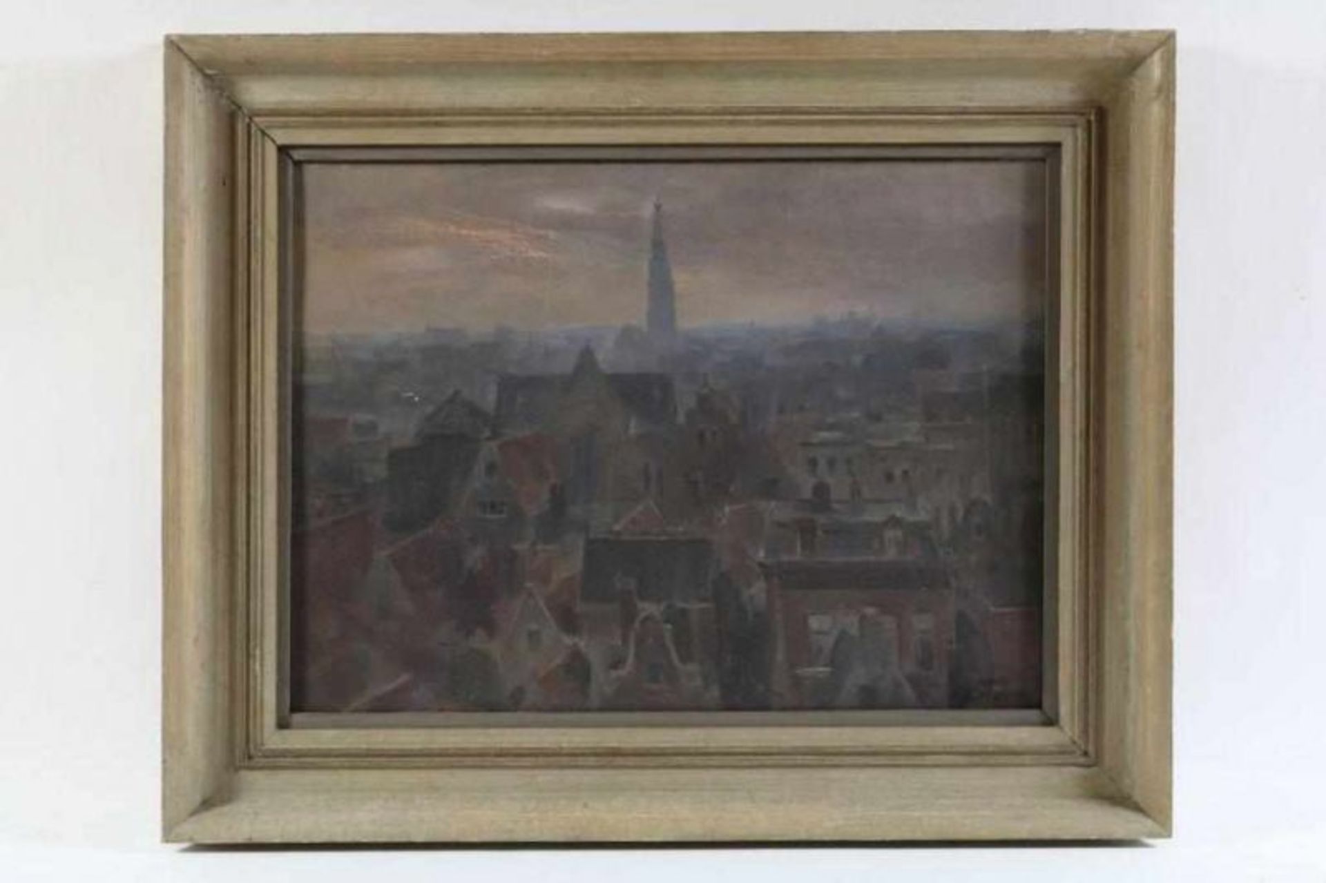 Onbekend, gesigneerd: atelier A.R. Mauve, Uitzicht op stadsdaken en kerktoren, doek 36 x 50 cm. ( - Bild 2 aus 4