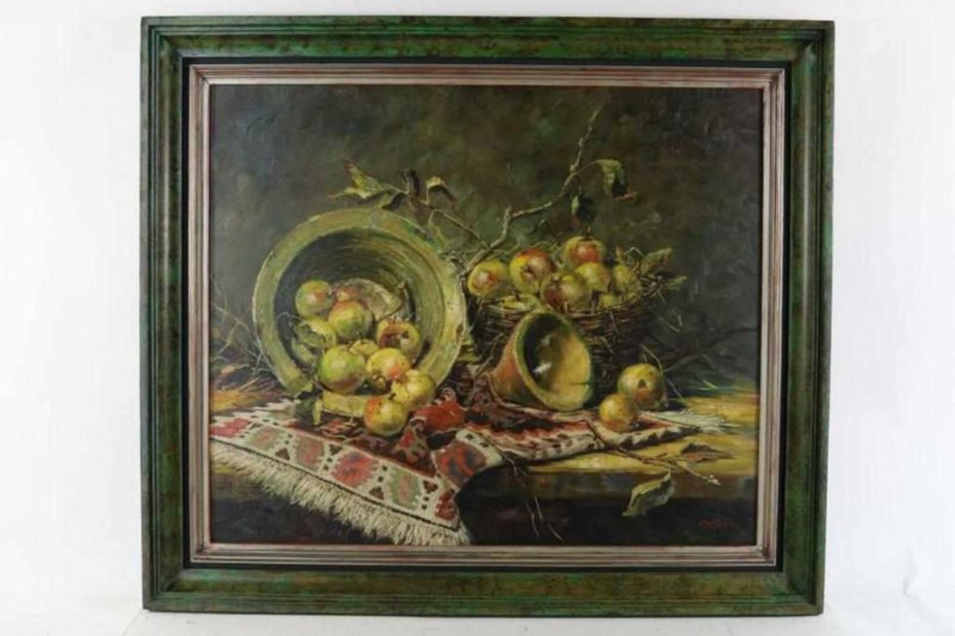HECK, ED VAN, ges. r.o. appels in mand en schaal op Kelim tapijt, paneel 76 x 91 cm. Heck, Ed van, - Bild 2 aus 4