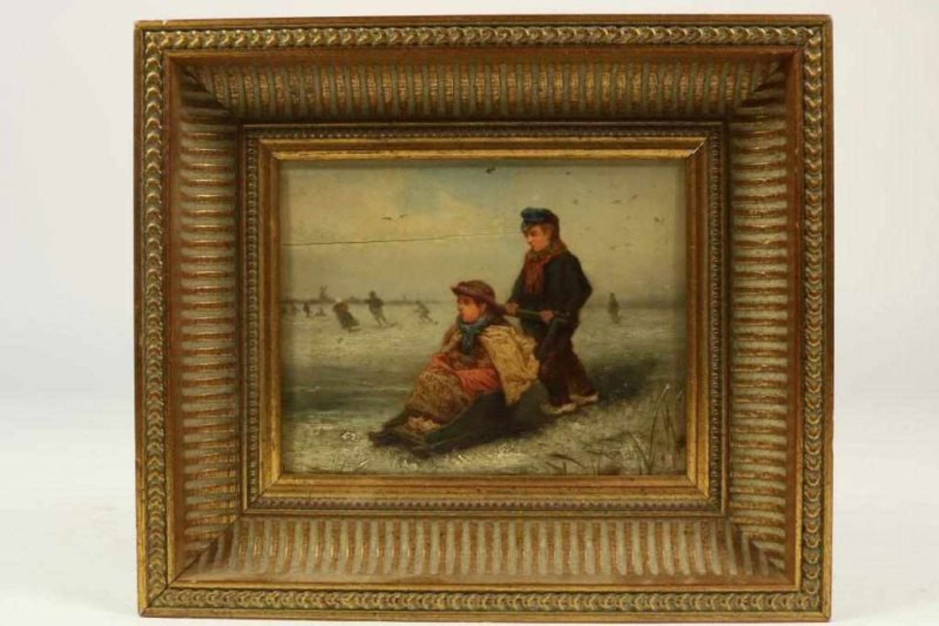 Onbekend, onduid. ges. 19e eeuw, jongens met slee op het ijs, paneel 14,5 x 18,5 cm. Unknown, - Bild 2 aus 4