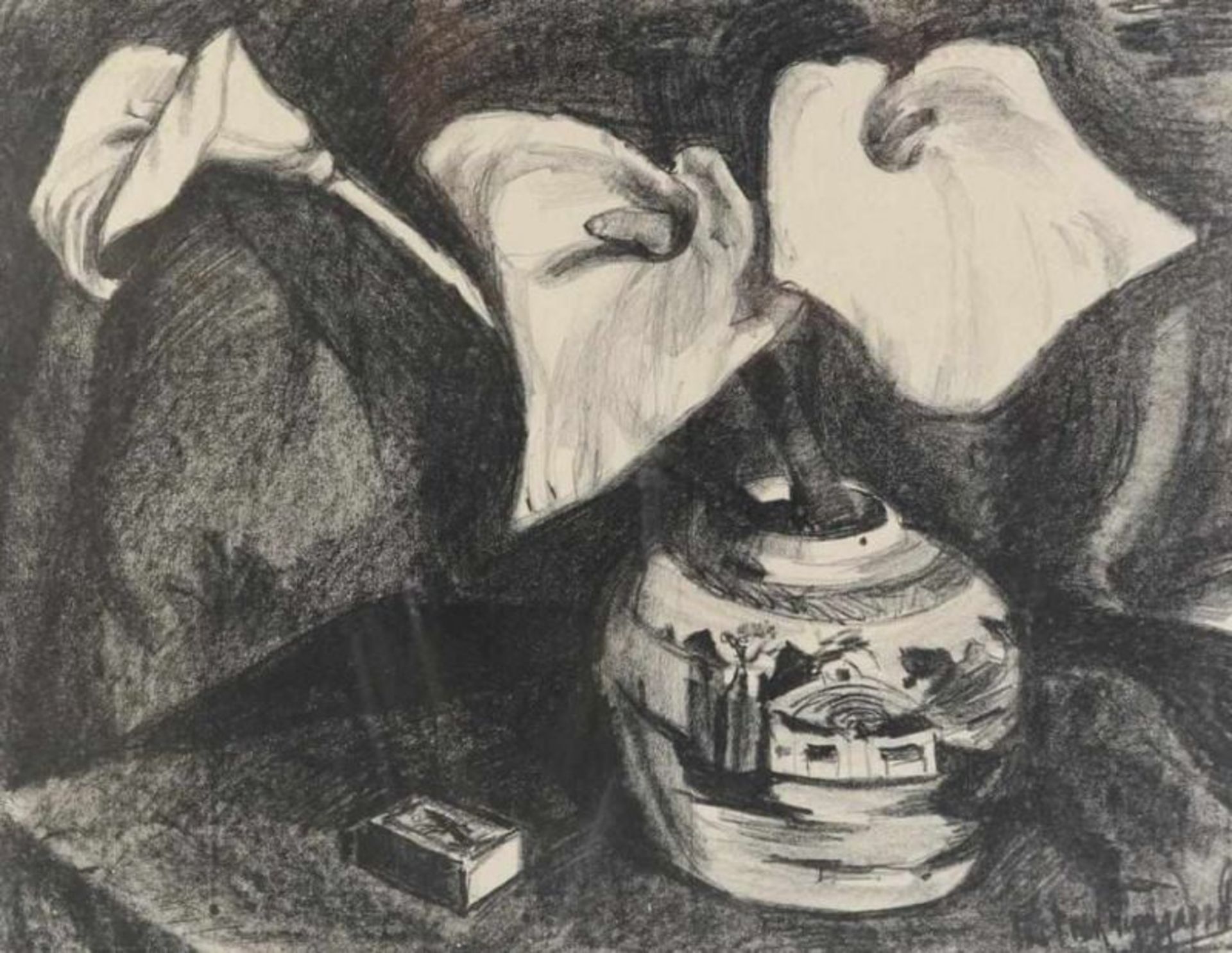 WIJNGAERDT, PIET VAN (1873-1964), ges. r.o., Aronskelken in gemberpot, litho 48 x 61 cm. Wijngaerdt,