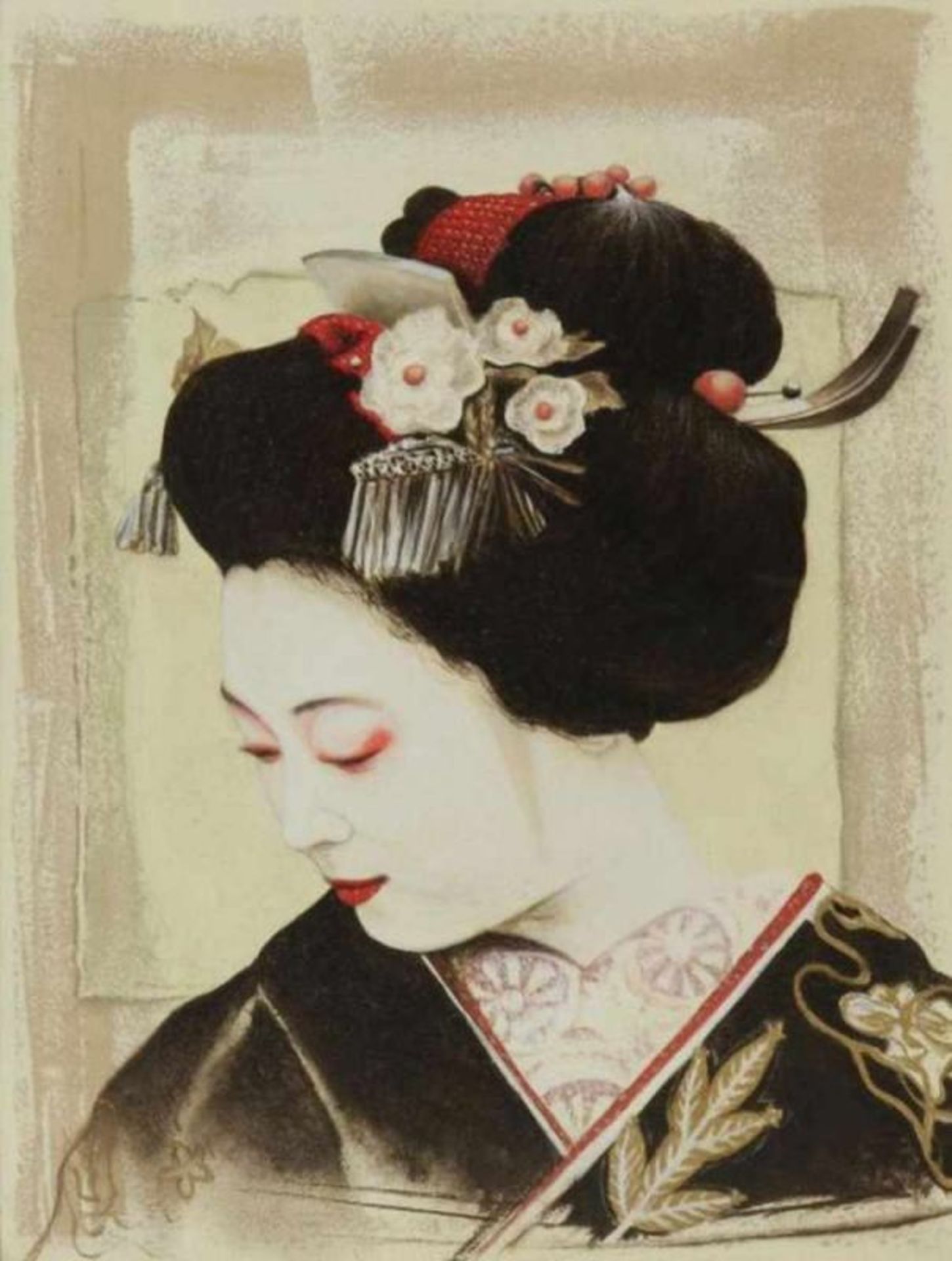 WARRENS, TONNY, ges. verso, portret van Geisha, paneel 20 x 16 cm.