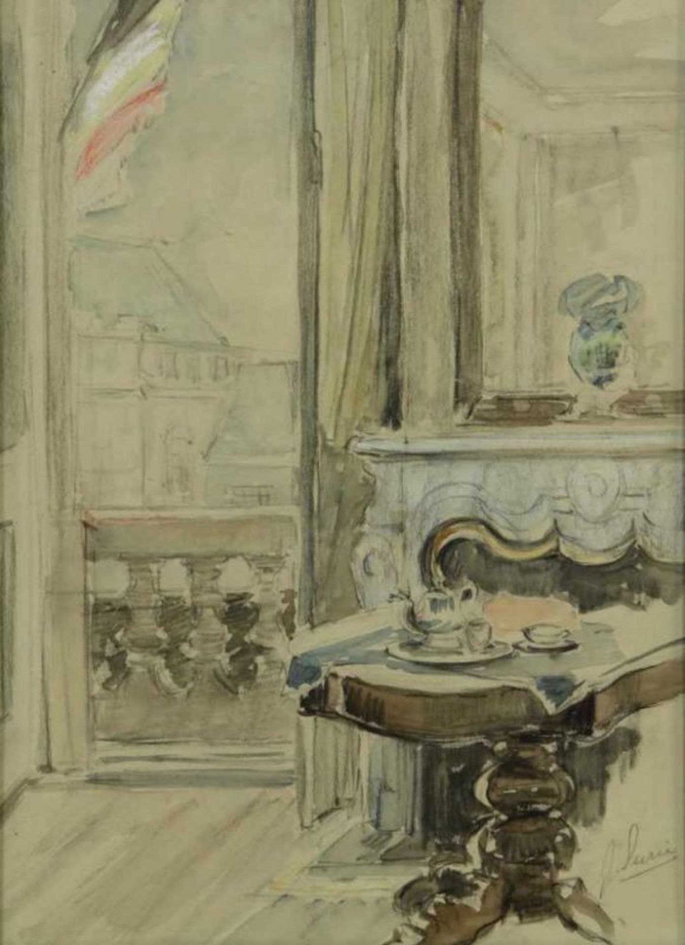 SURIE, JACOBA (1879-1970), ges. r.o., salon met gezicht naar buiten, aquarel/krijttekening 40 x 30