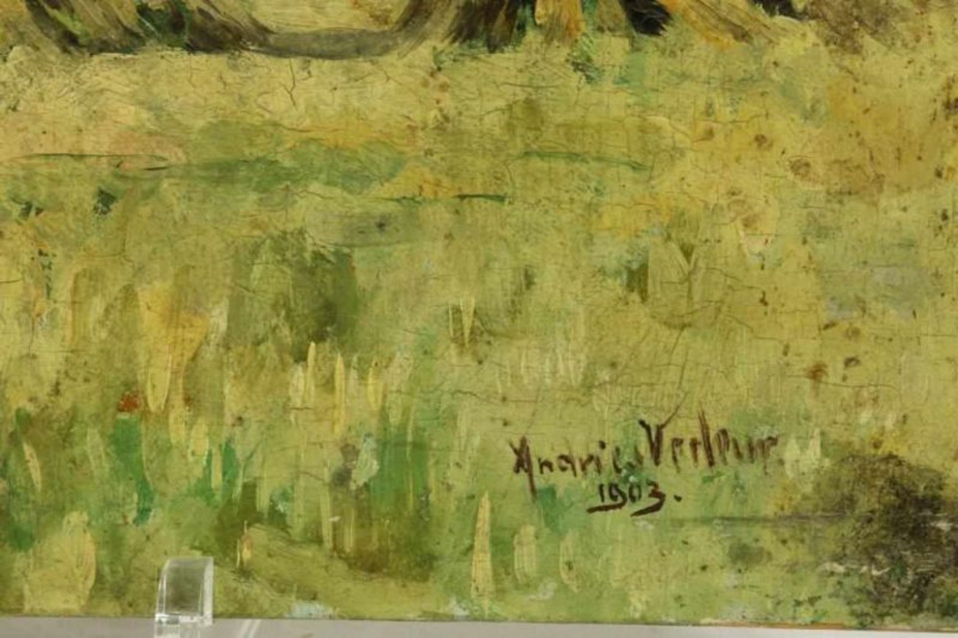 VERLEUR, ANDRIES (1876-1953), ges. r.o., landschap met korenschoven, paneel 23 x 32 cm. Verleur, - Bild 3 aus 4