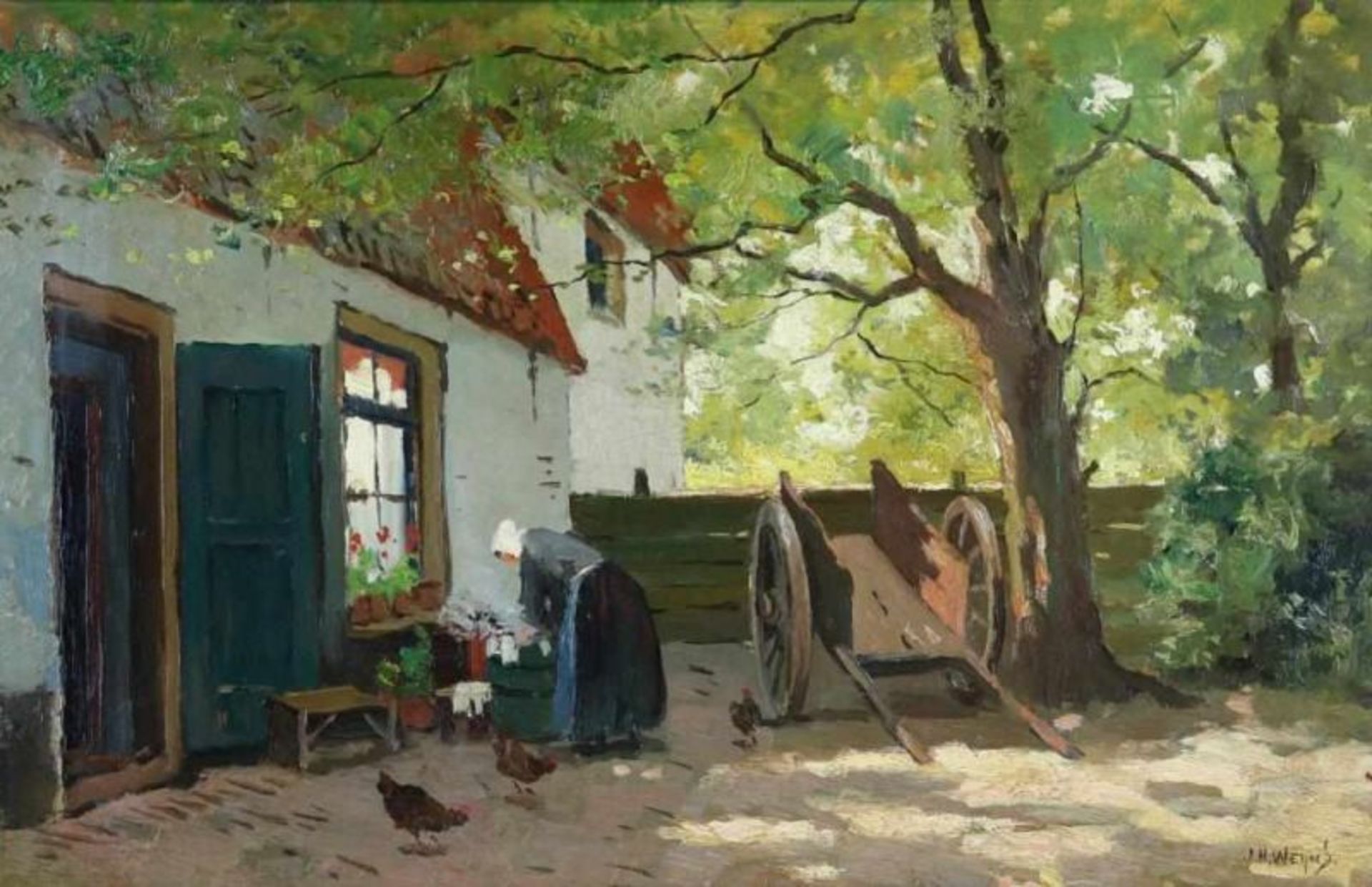 WEIJNS, JAN HARM (1864-1945), ges. r.o., boerin met kippen bij boerderij, doek 37 x 55 cm. WEIJNS