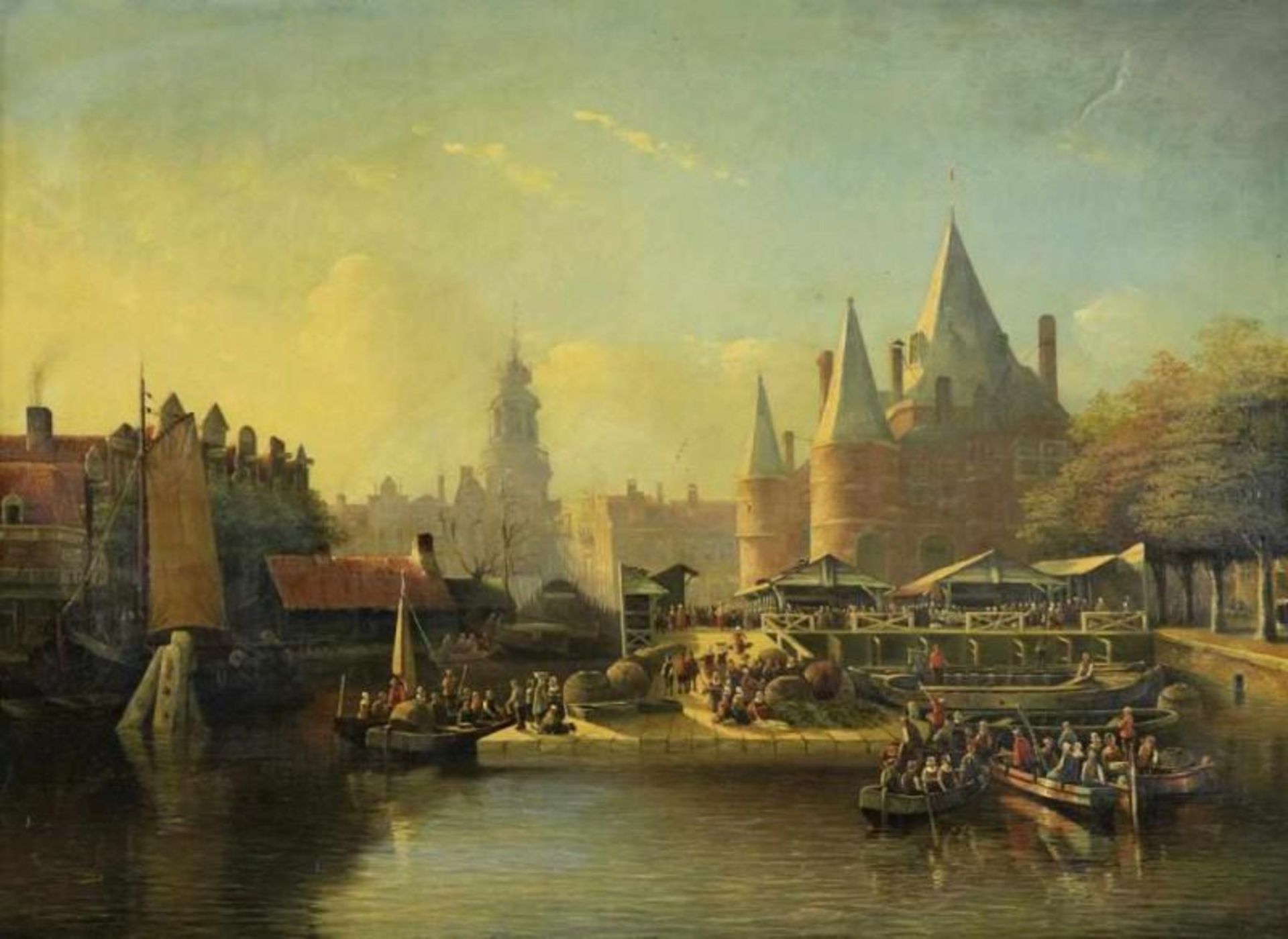 BLES, JOSEF (1825-1875), ges. r.o., bedrijvigheid bij de Nieuwmarkt te Amsterdam, paneel 45 x 62 cm.