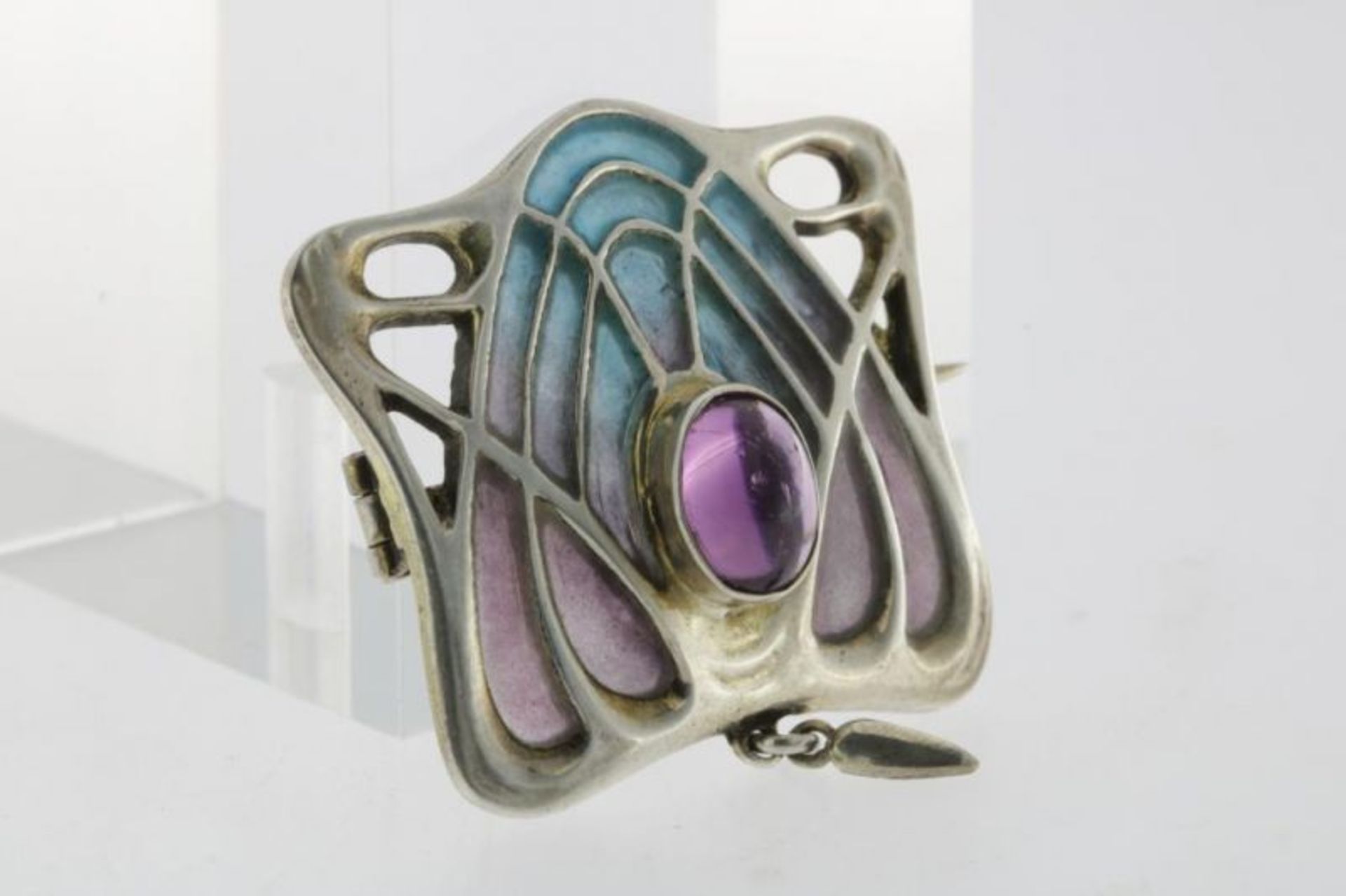 JUGENDSTIL Zilveren broche met cabochon amethist en paars groen emaille ingelegd, herkomst Duitsland - Bild 2 aus 3