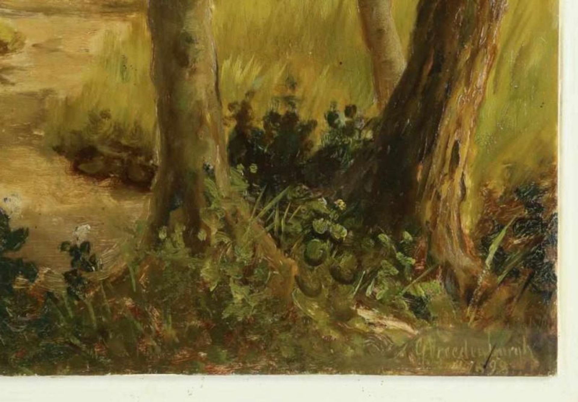 VREEDENBURGH, GERRIT (1849-1922), ges. en gedat 1898. figuren op bospad, paneel 70 x 53 cm. - Bild 3 aus 4