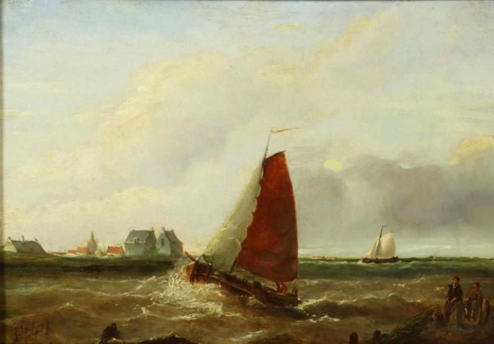 SCHIEDGES, PETRUS PAULUS (1813-1876), ges. l.o., schepen voor de kust, paneel 24 x 33 cm.