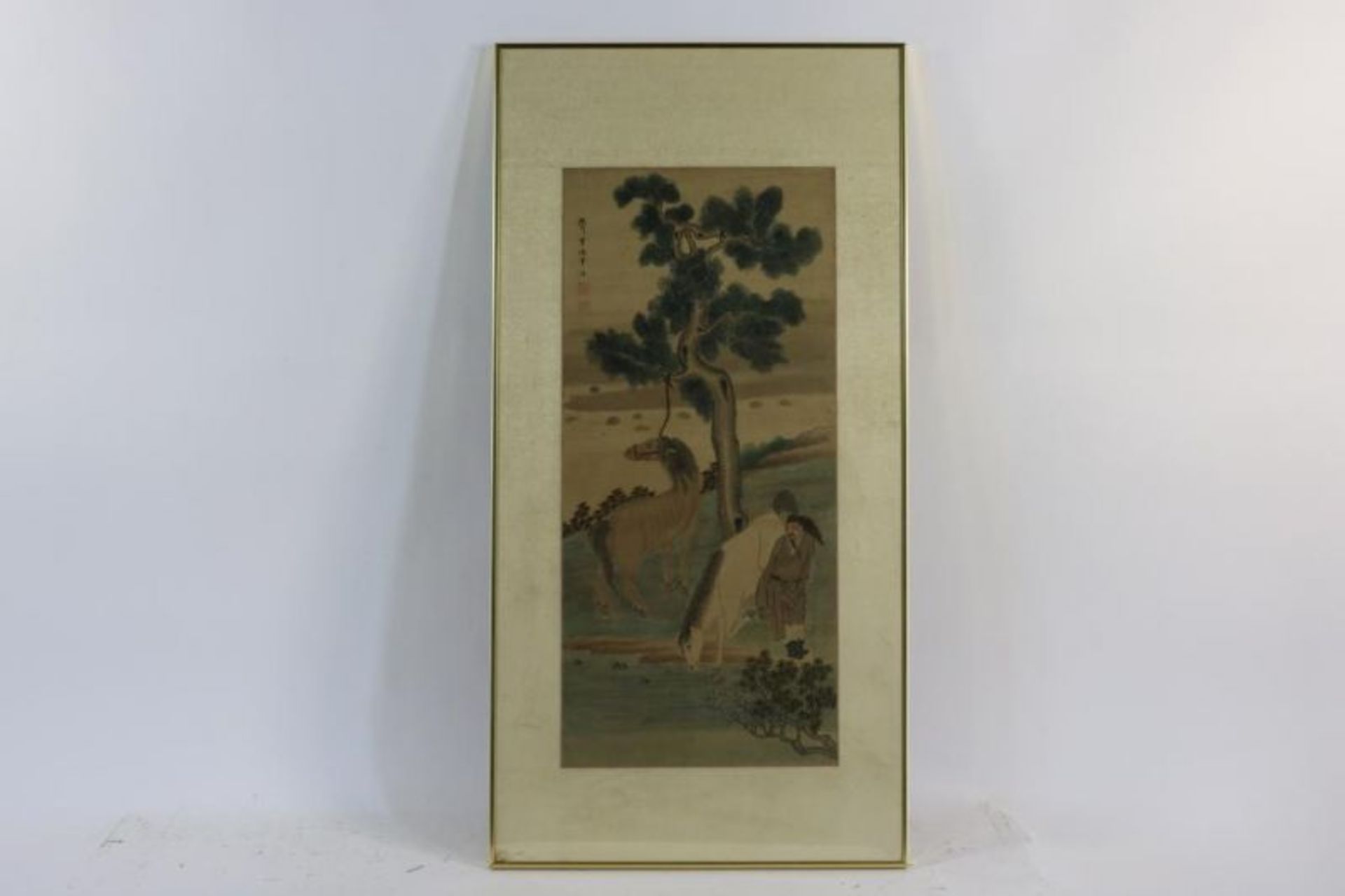 Kaman met 2 paarden in landschap, aquarel op zijde, ges. en gestempeld l.o., Japan, 73 x 33 cm. - Bild 2 aus 4