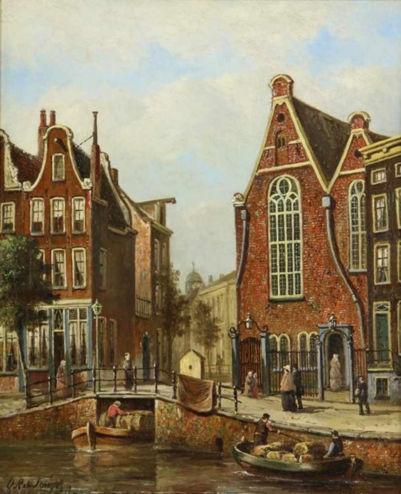 JONGH, OENE ROMKES DE (1812-1896), ges. `r.o., figuren en huizen aan Amsterdamse gracht, doek 54 x