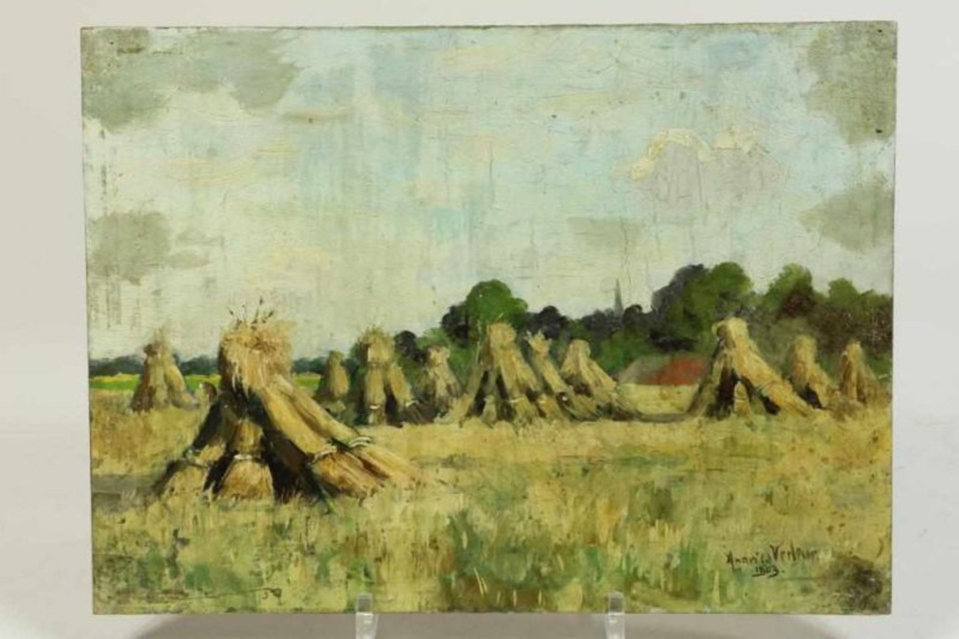 VERLEUR, ANDRIES (1876-1953), ges. r.o., landschap met korenschoven, paneel 23 x 32 cm. Verleur, - Bild 2 aus 4