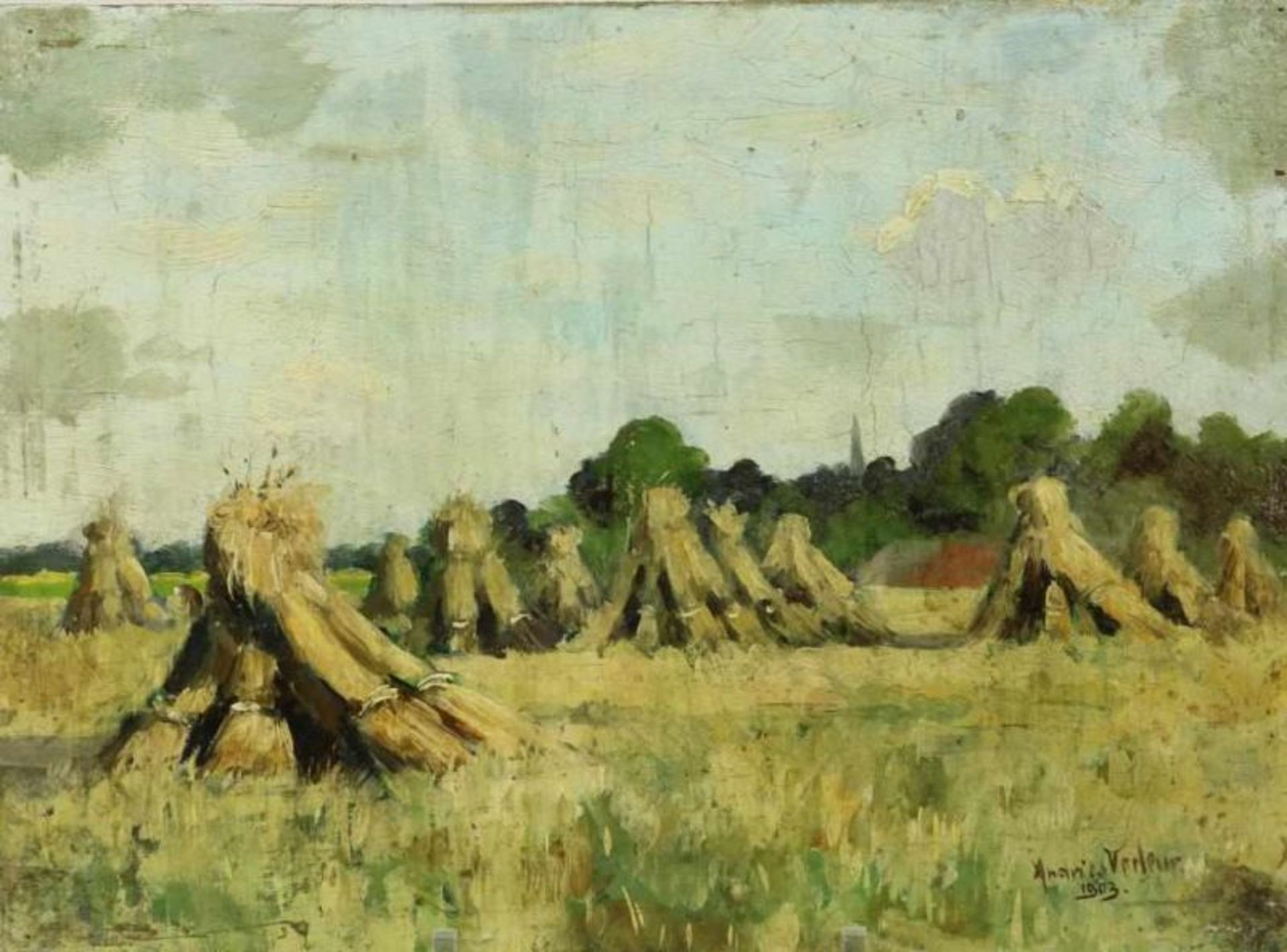 VERLEUR, ANDRIES (1876-1953), ges. r.o., landschap met korenschoven, paneel 23 x 32 cm. Verleur,