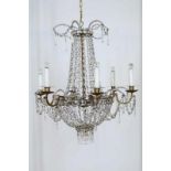 Geel metalen 12-lichts hangkroon met pegels, 19e eeuw Metal 12-lights chandelier with kristal