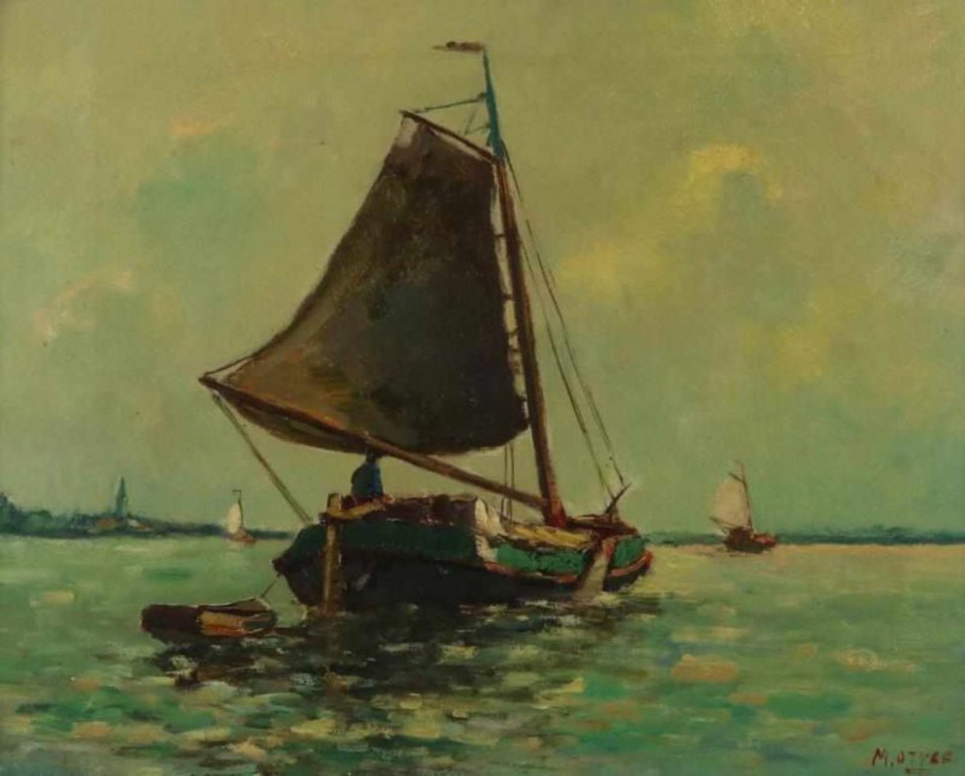 OTTEE MARK (189801982), ges. r.o. zeilboot, doek 38 x 48 cm.