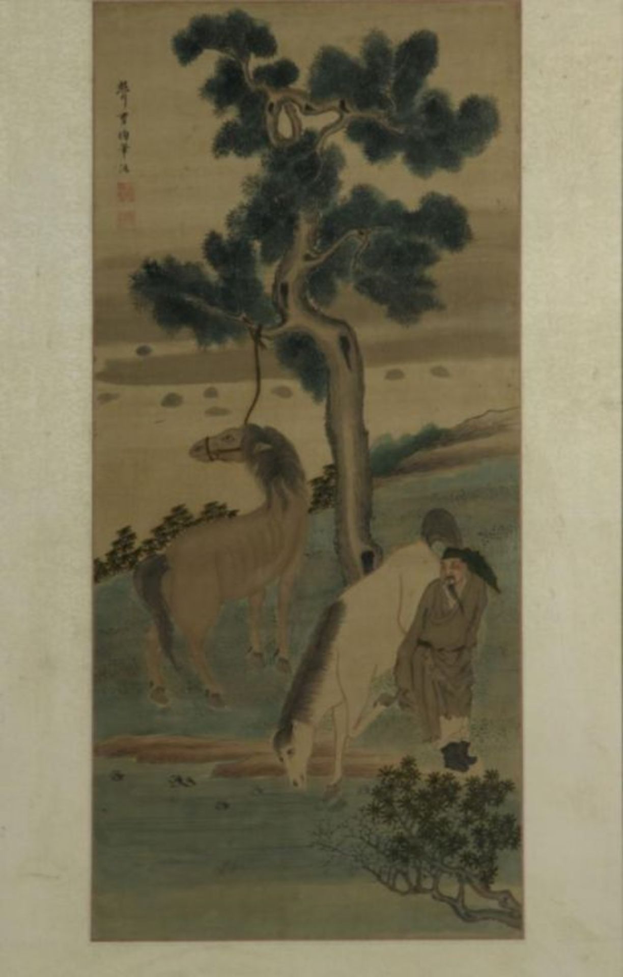 Kaman met 2 paarden in landschap, aquarel op zijde, ges. en gestempeld l.o., Japan, 73 x 33 cm.