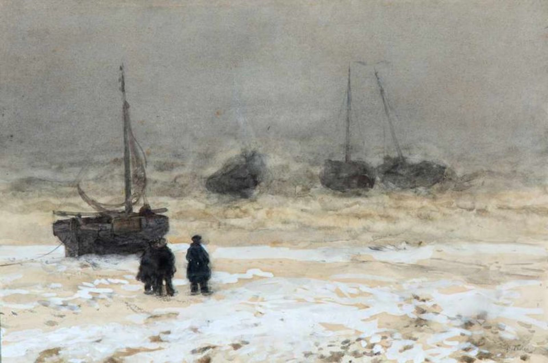 Willem Bastiaan Tholen (1860-1931)Figuren bij vissersboten in de branding; aquarel, ; 42 x 63 cm.; - Bild 2 aus 3