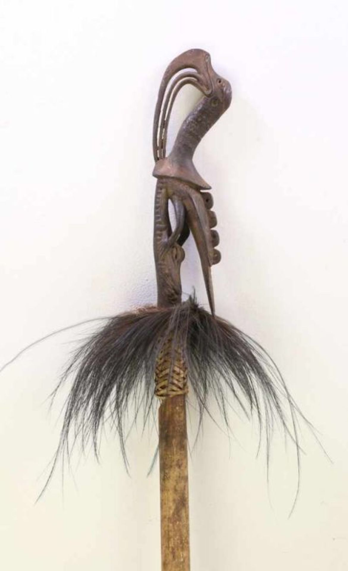 PNG, Middle Sepik, bamboo flute with wooden flute stopper and two wooden pounderwith carved
