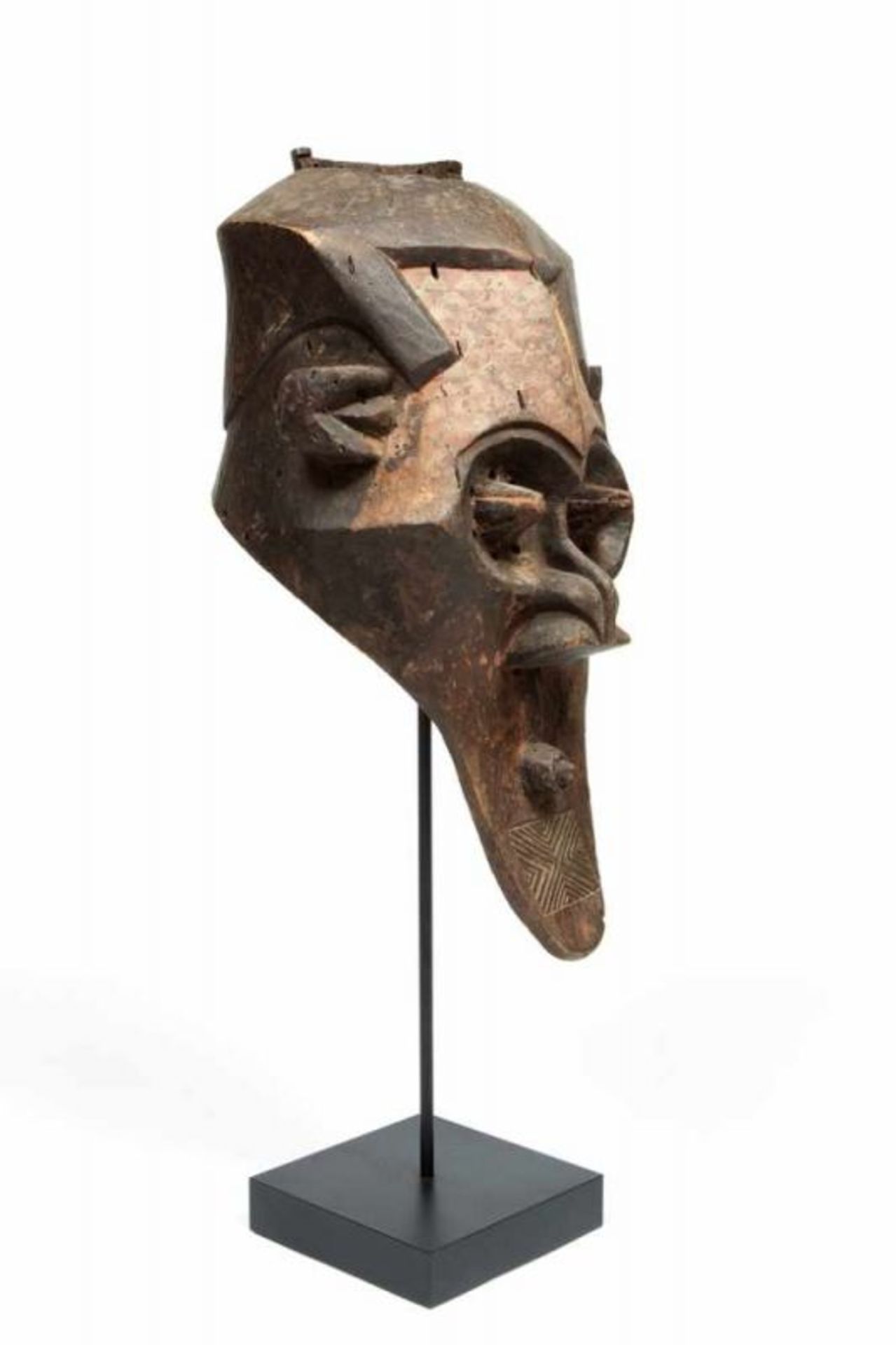 DRC., Keta, helmet mask, kabongo,with pointy pupils, protruding mouth, ears and triangular nose.