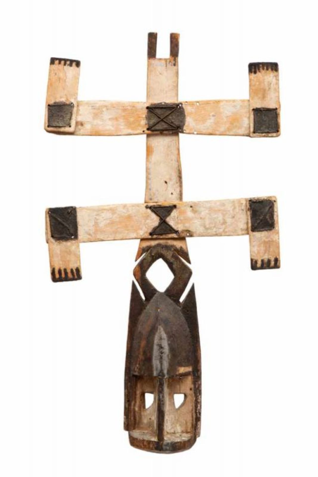 Mali, Dogon, Kanaga mask,with broad stylized mouth, triangular cut eyes and painted in black and