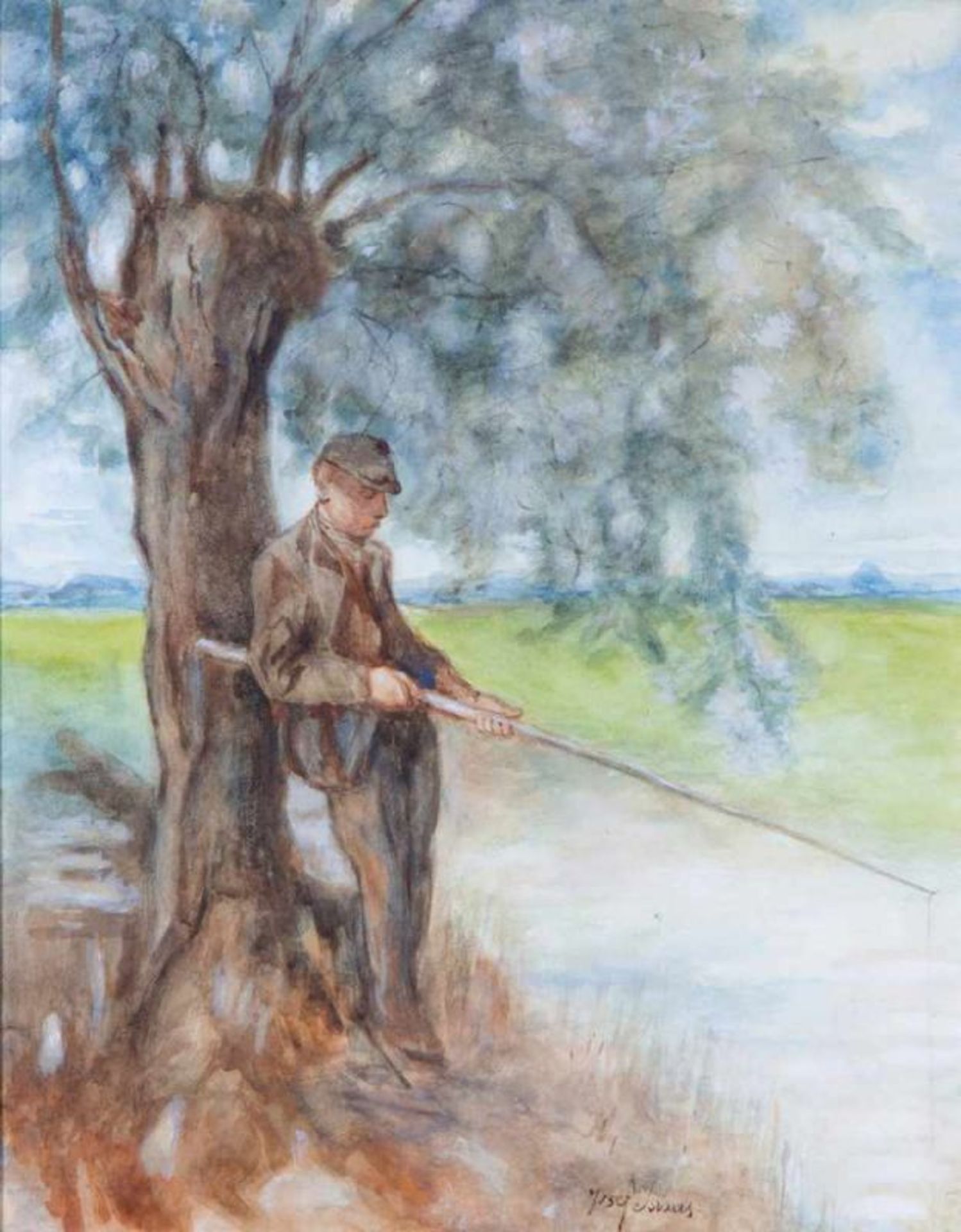 Jozef Israels (1824-1911)Visser bij een wilg aan een sloot; aquarel; 45 x 35 cm.; gesign. l.o.;
