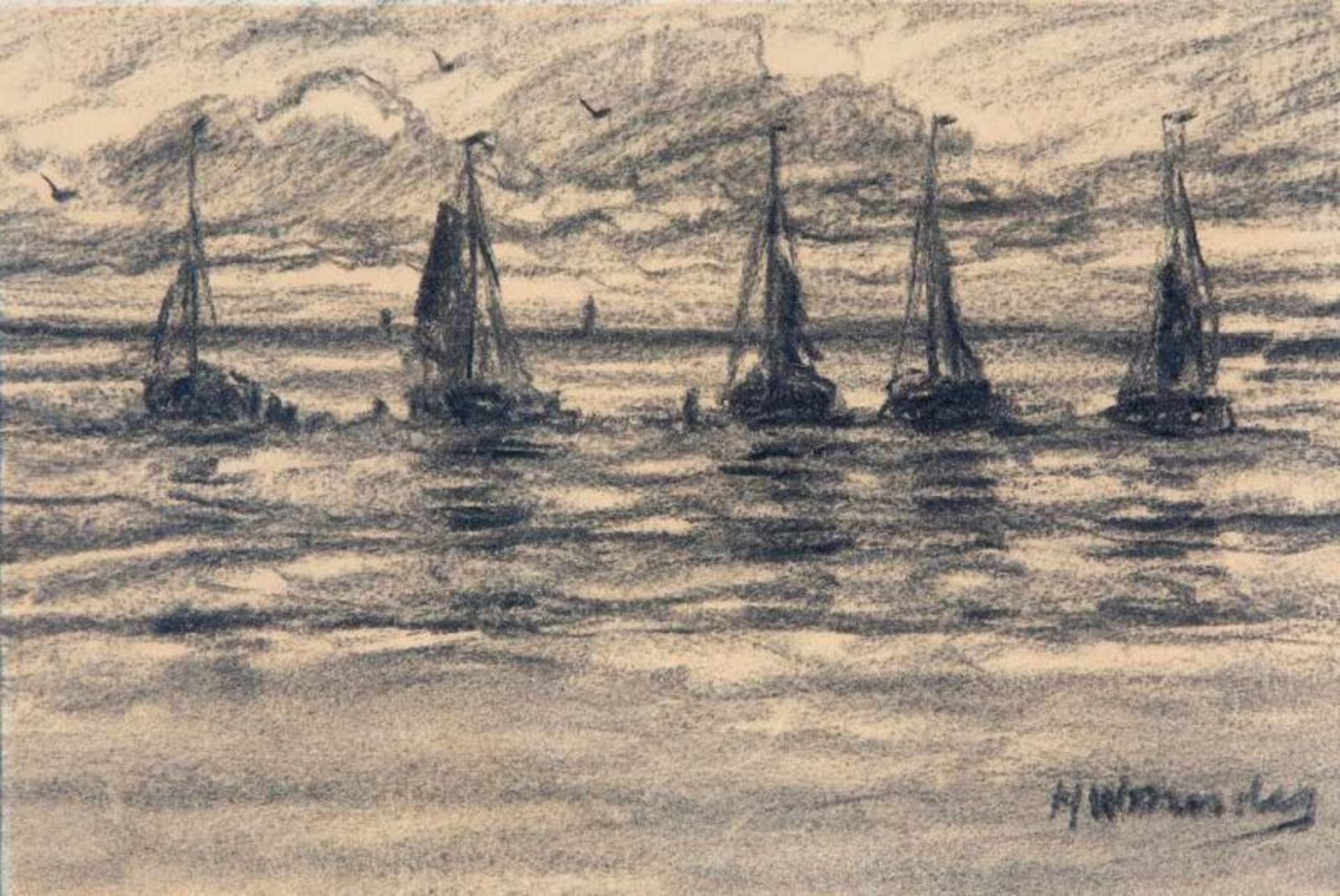 Hendrik Willem Mesdag (1831-1915)Schepen in de branding; houtskooltekening; 15 x 22 cm.; gesign. r.