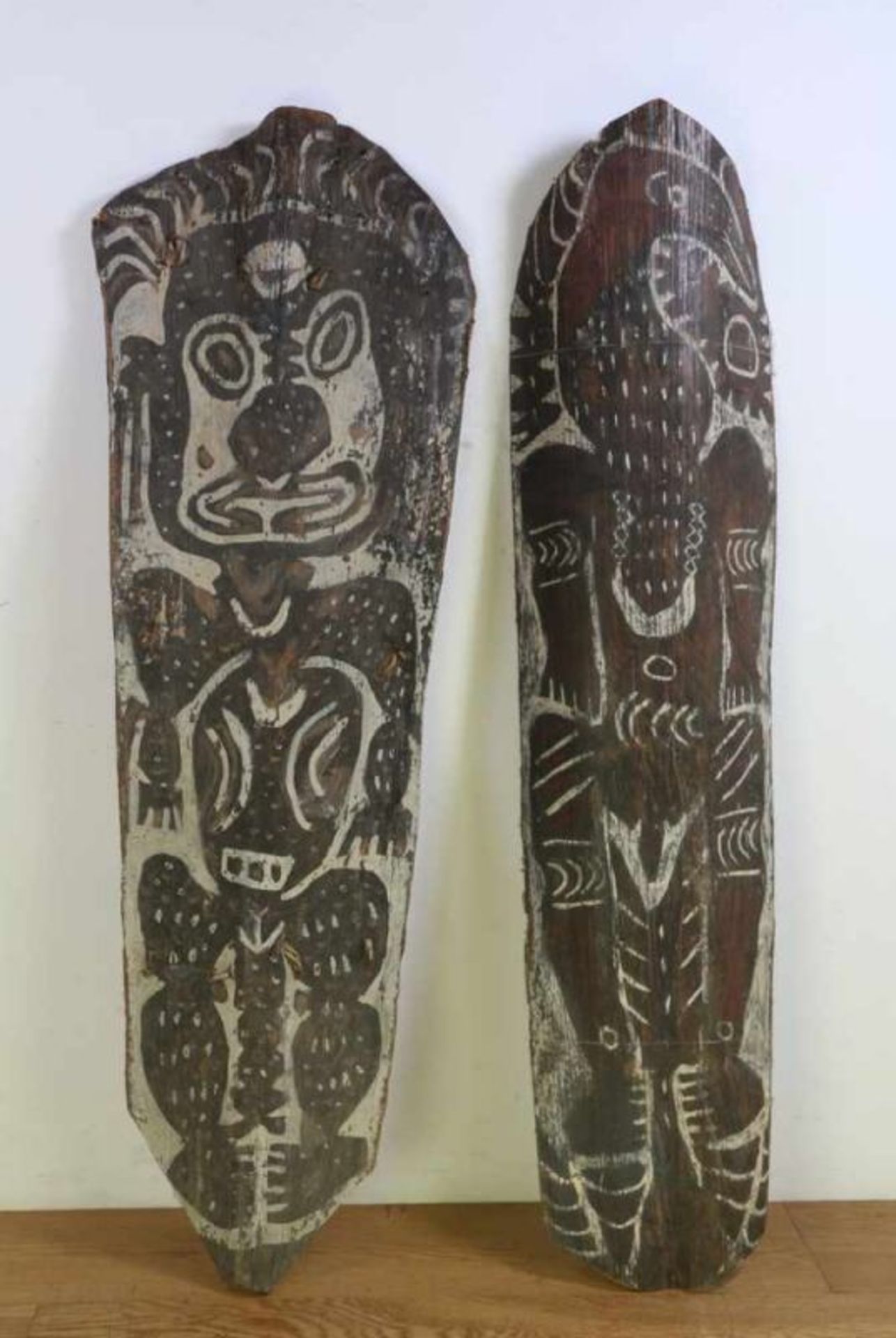 PNG, East Sepik, Keram, two painted bark panels with antropomorf and zoomorf figures.Bark