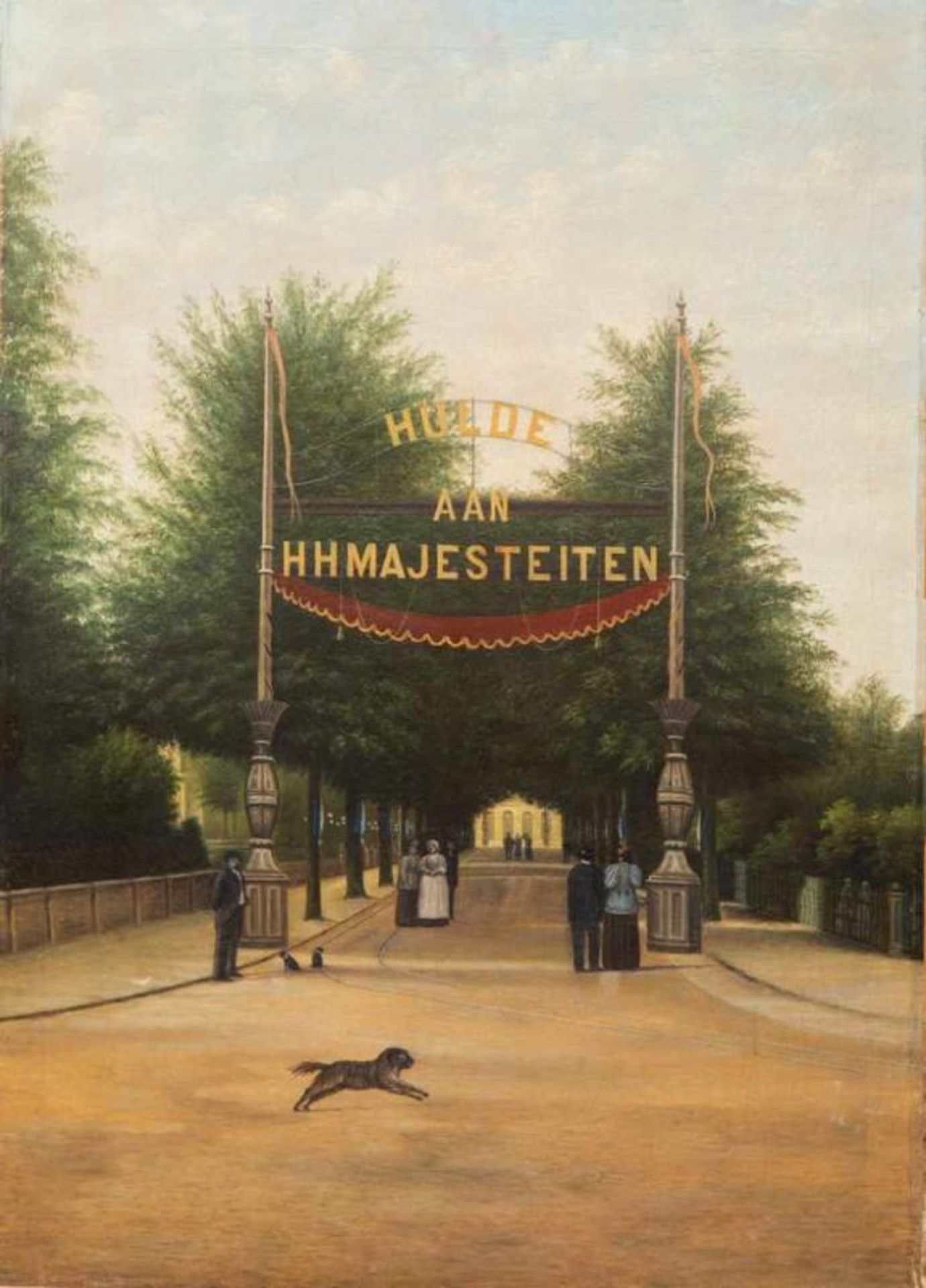 Hollandse school, ca. 1895Hulde aan HH Majesteiten, straat in Den Haag voorafgaande aan een bezoek