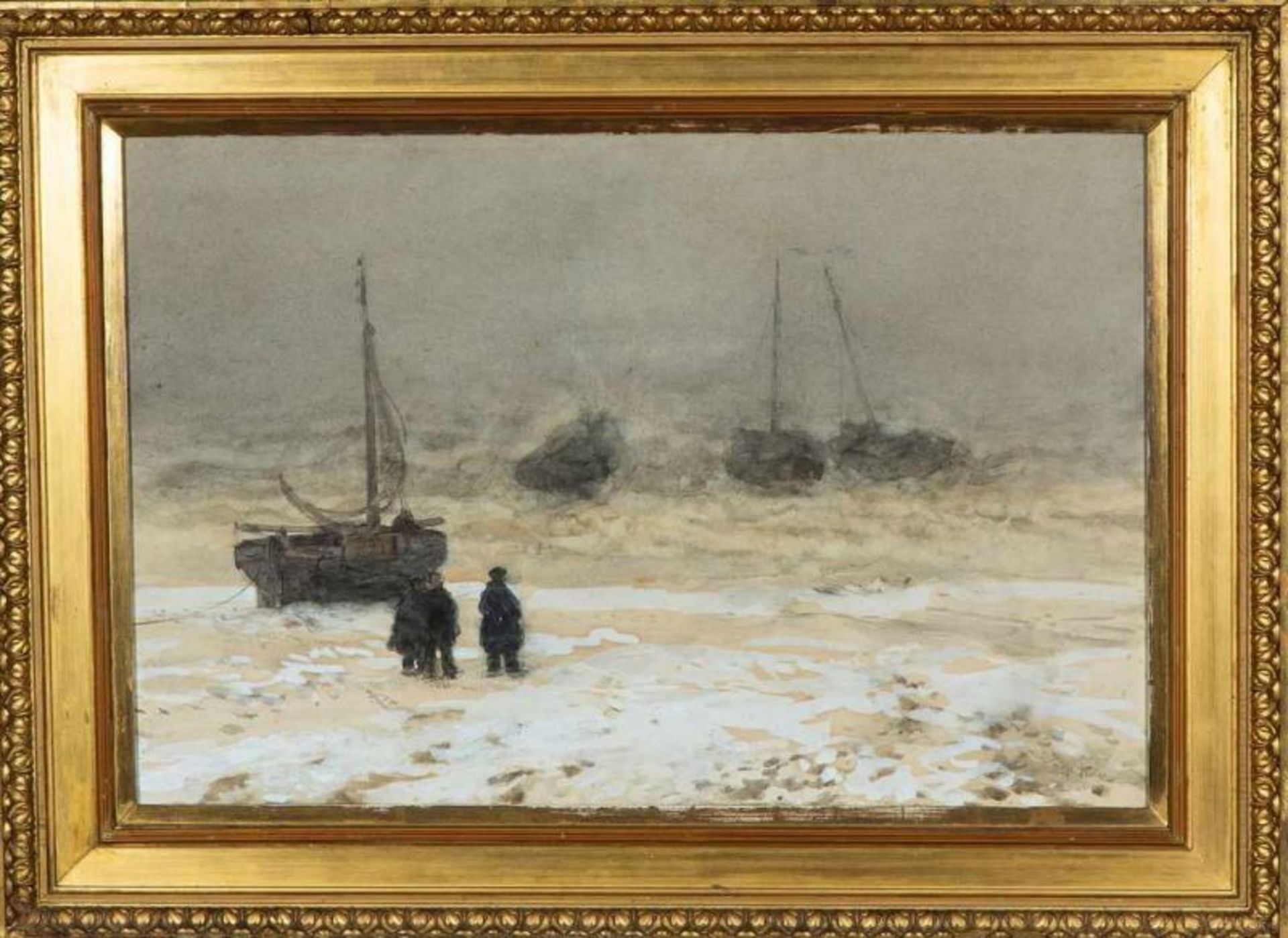 Willem Bastiaan Tholen (1860-1931)Figuren bij vissersboten in de branding; aquarel, ; 42 x 63 cm.;