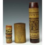 Indonesia, four bambo containersone Dayak container with geometrical pattern; zkj150