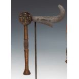 DRC., Ngbandi, status axe, wooden shaft with copper bindings, nails, ca. 1920carved middle part.