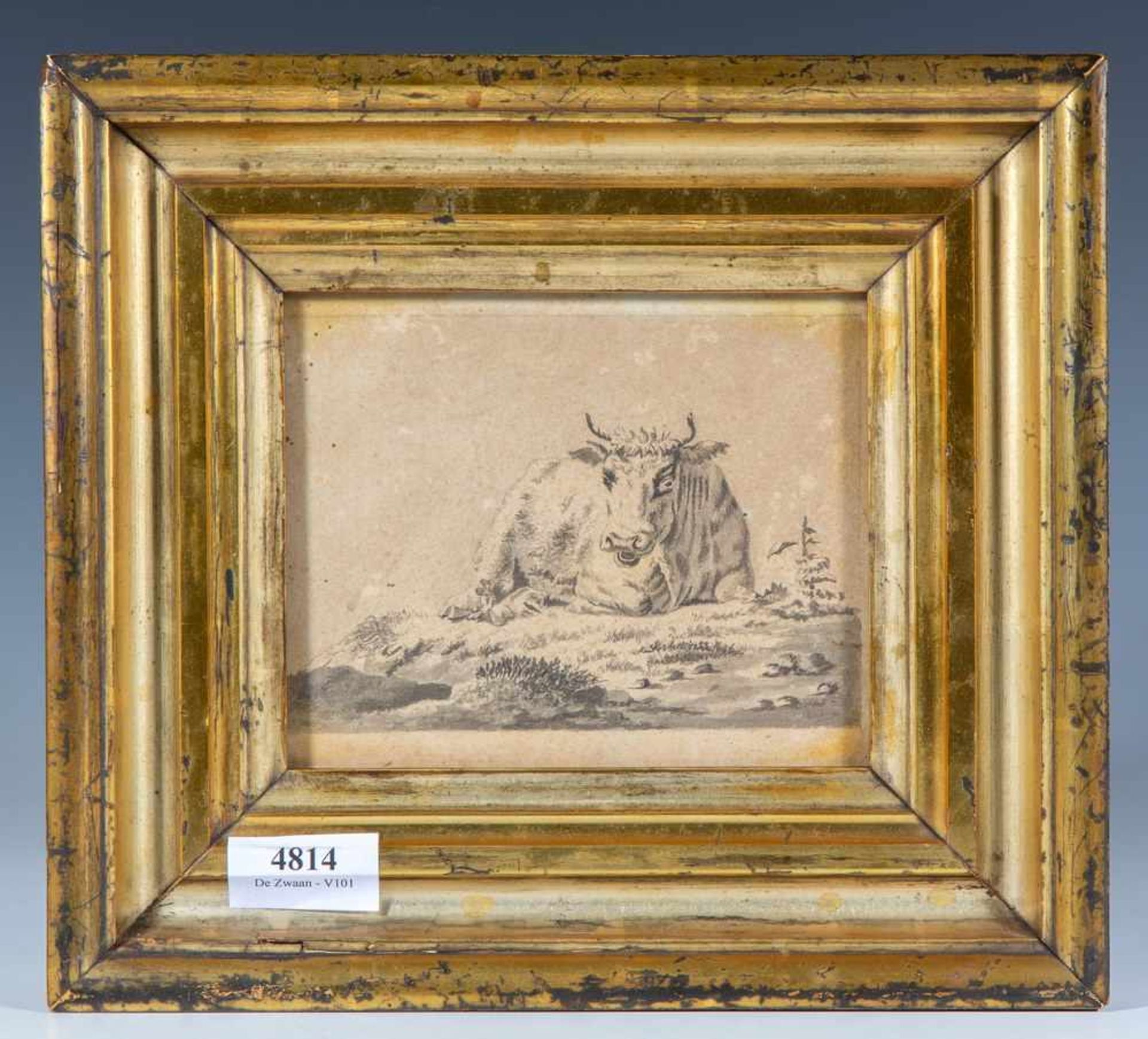 Hollandse schoolRustende koe; tekening; 12 x 14 cm.; 180 - Bild 2 aus 2