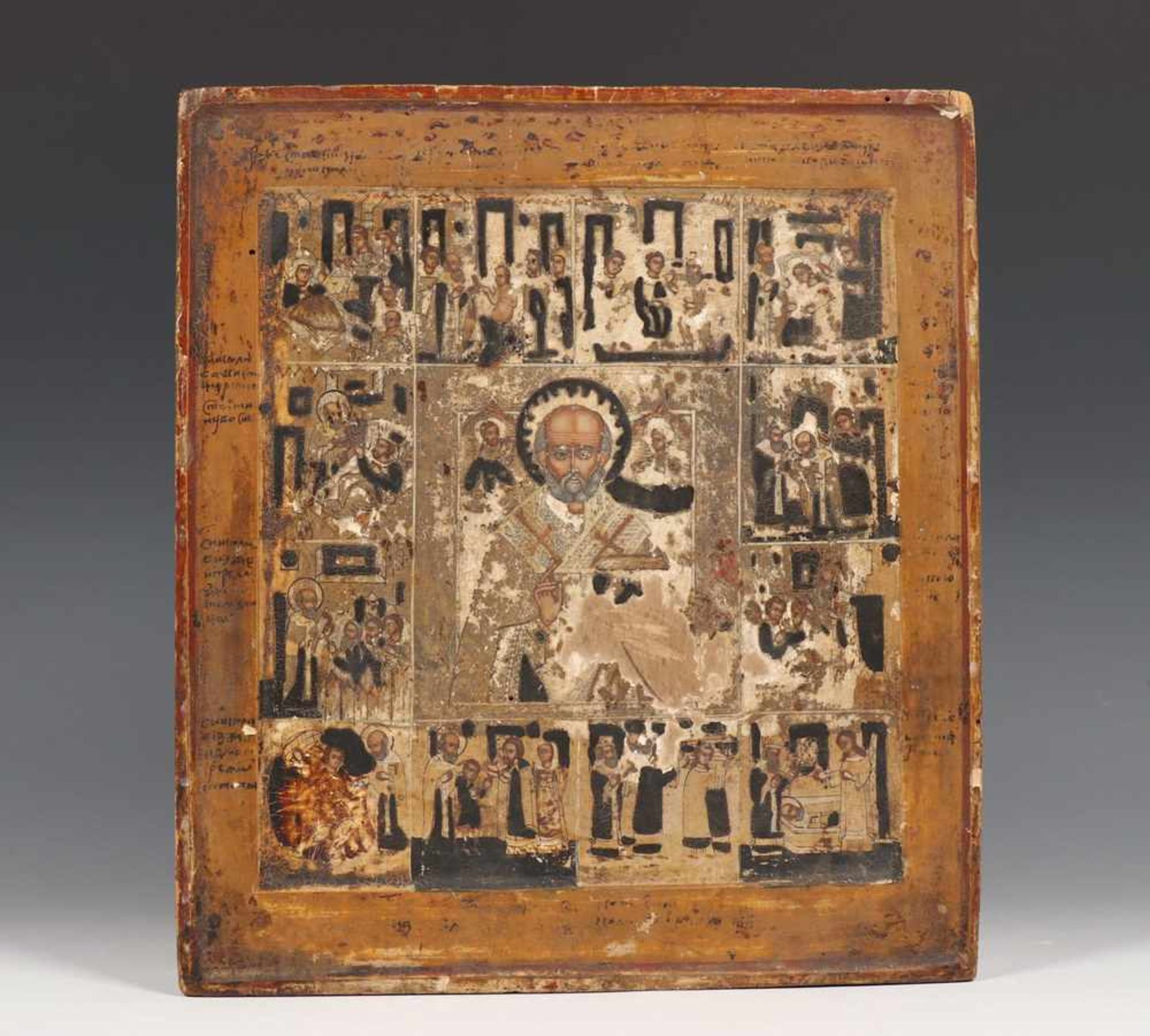 Griekenland, feestdagen ikoon, 19e eeuw;Nicolaas en 12 scenes; beschadigd; 31 x 28 cm.; 1400