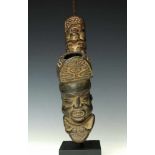 Cameroon, Grassland, pipe;ceramic head with articulated figure and carved face in hair and the