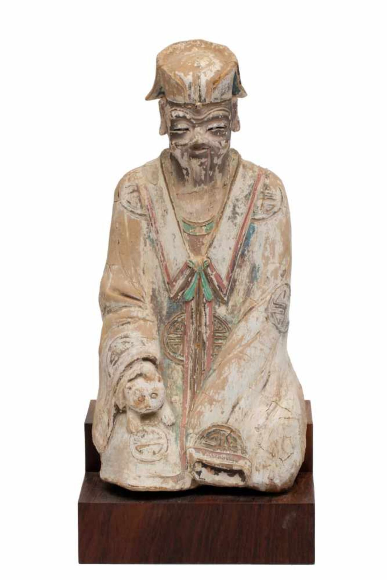 China, stucco sculptuur, mogelijk Song/Yuan dynastie;Zittende magistraat, met katje in de