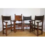 Spanje, vier notenhouten fauteuils, 18e-19e eeuw,met lederen bekleding en siernagels; Uit de