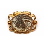 14krt. Gouden broche, 19e eeuw,in het midden een haarwerkje, hoorn des overvloeds. Montuur met